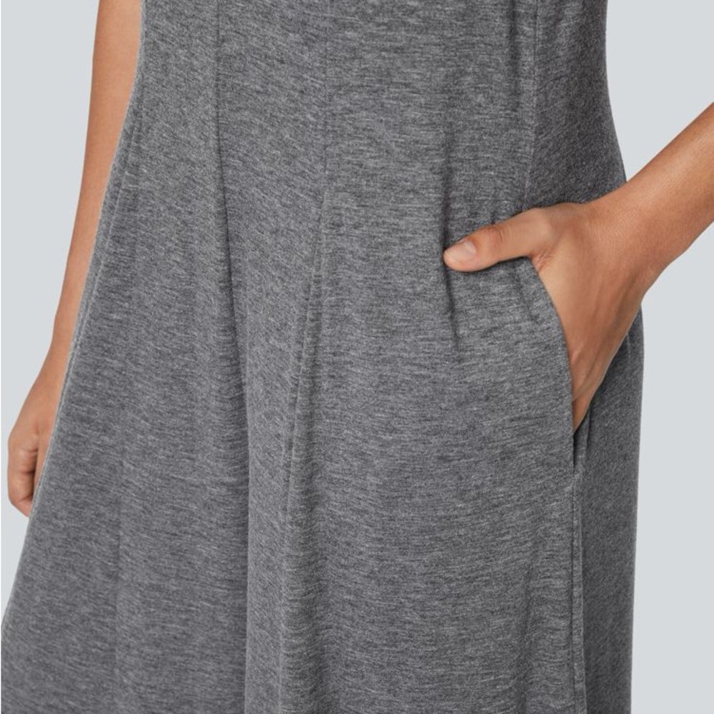 Halara Wide-Leg Heather Gray Loose Sleeveless Vneck Pocket Lounge CasualJumpsuit - Picture 3 of 8